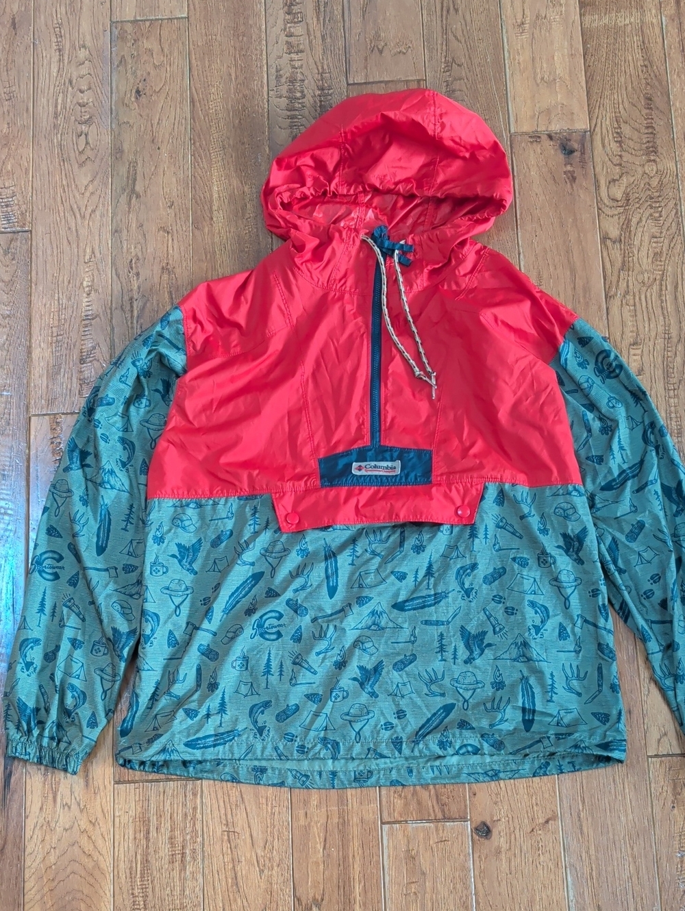 Columbia Anorak 1/2 Zip Red and Green Hooded Windbreaker Jacket